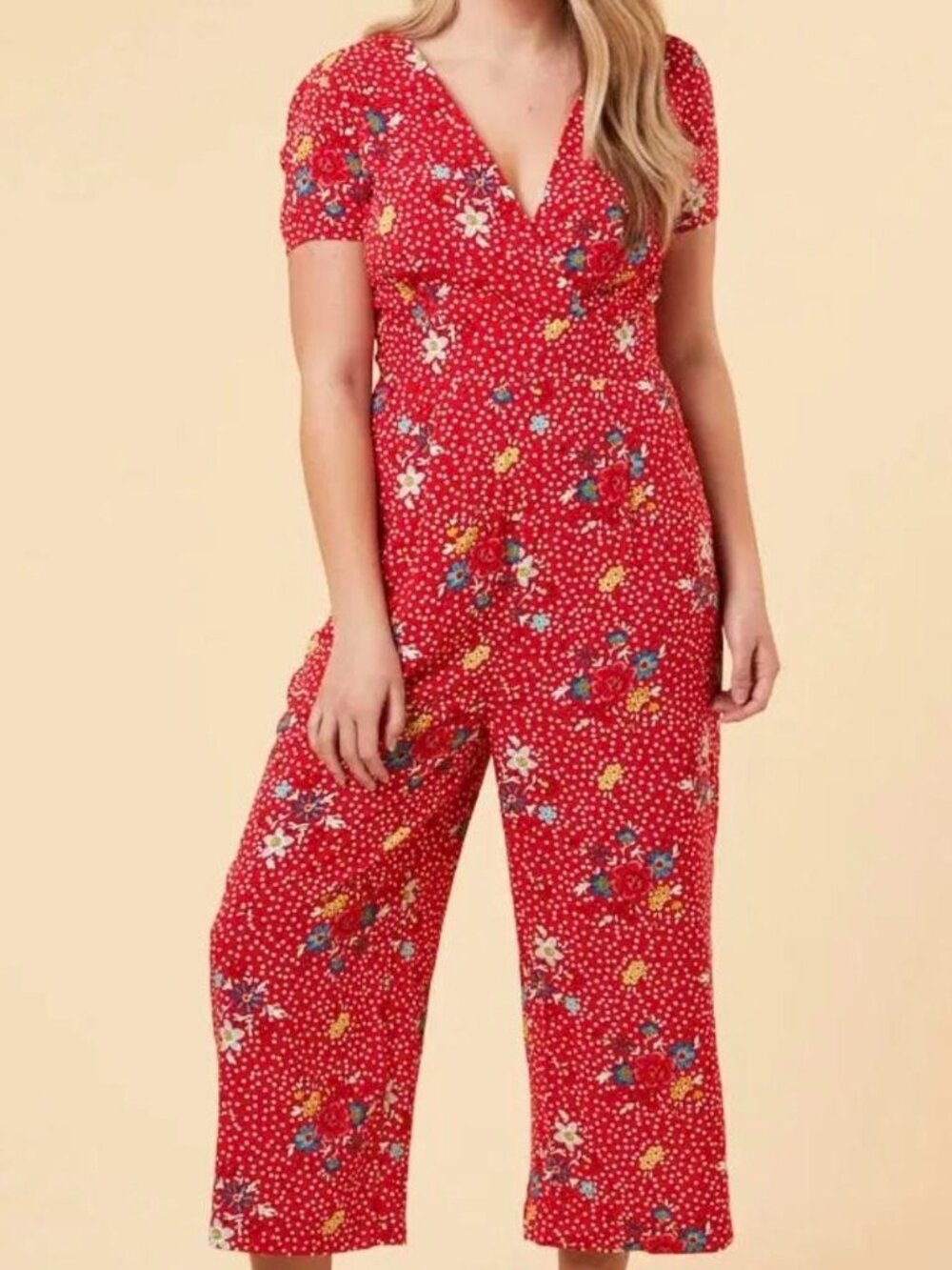 Joanie Red Floral Polka Dot Wide Leg Jumpsuit Romper Size 4 XS/S